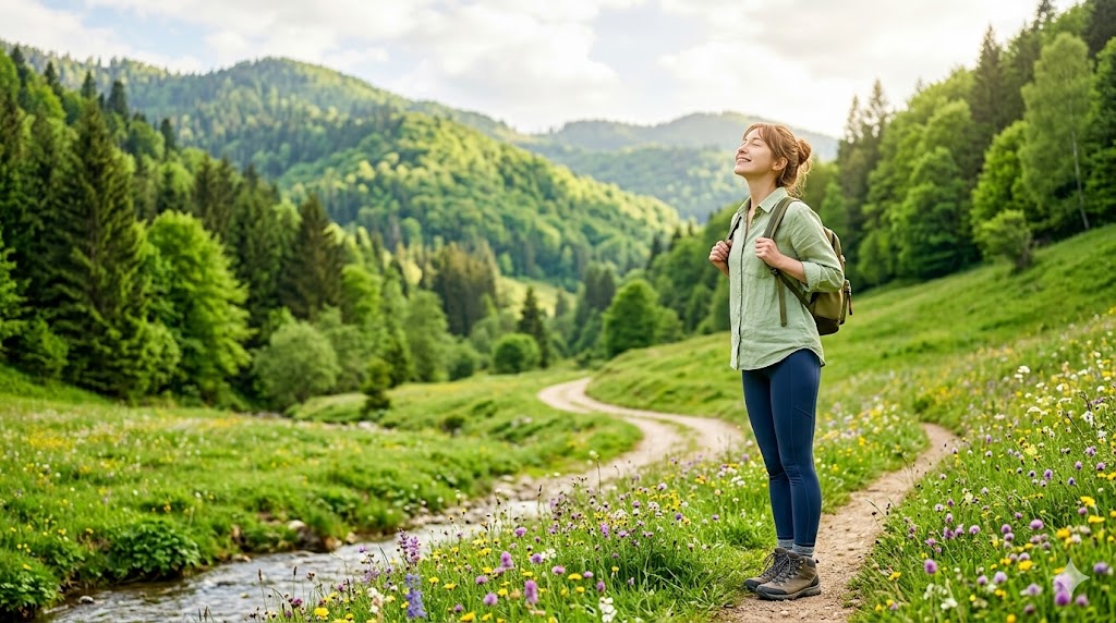 Hiker with a backpack stands on a dirt trail in a lush green valley with wildflowers and forested hills in the distance.