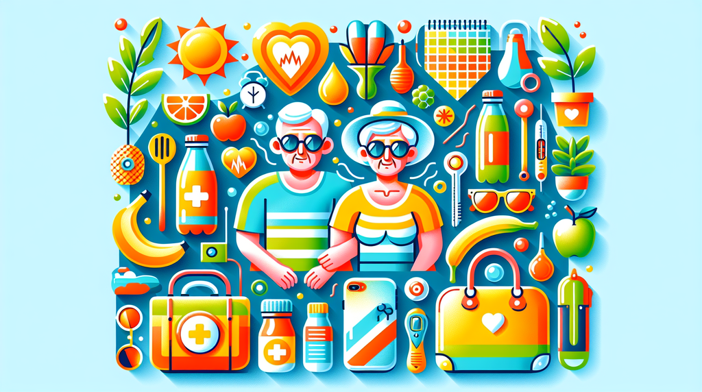 Colorful illustration of an elderly couple surrounded by health and wellness items (medicine, first aid kit, fruits, bottles) in a vibrant collage.