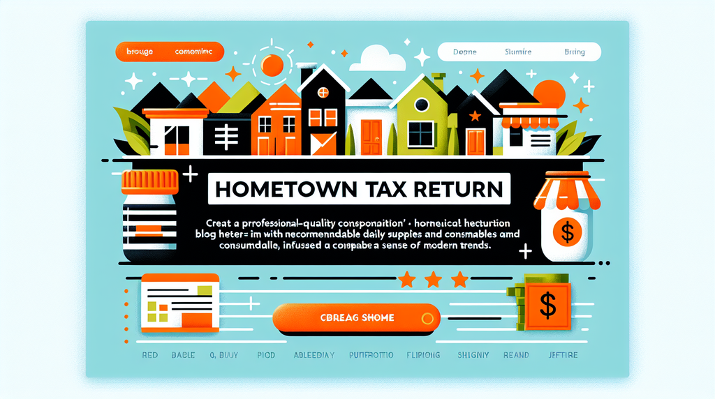 Bright illustrated banner titled 'HOMETOWN TAX RETURN' featuring colorful houses, jars, and dollar icons in a playful, tax-theme layout.