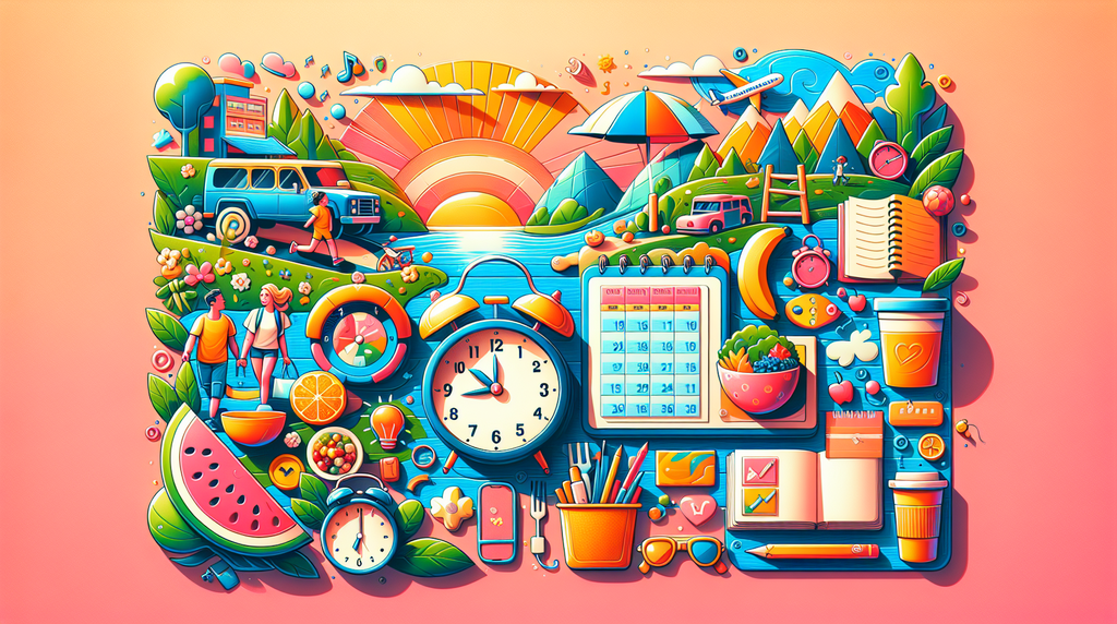 Vibrant collage of vacation planning items: clock, calendar, notebook, fruits, watermelons, and travel gear against a sunset background.