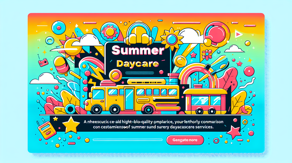 Vibrant illustrated banner advertising Summer Daycare with a yellow school bus and playful summer icons in bright gradient colors.