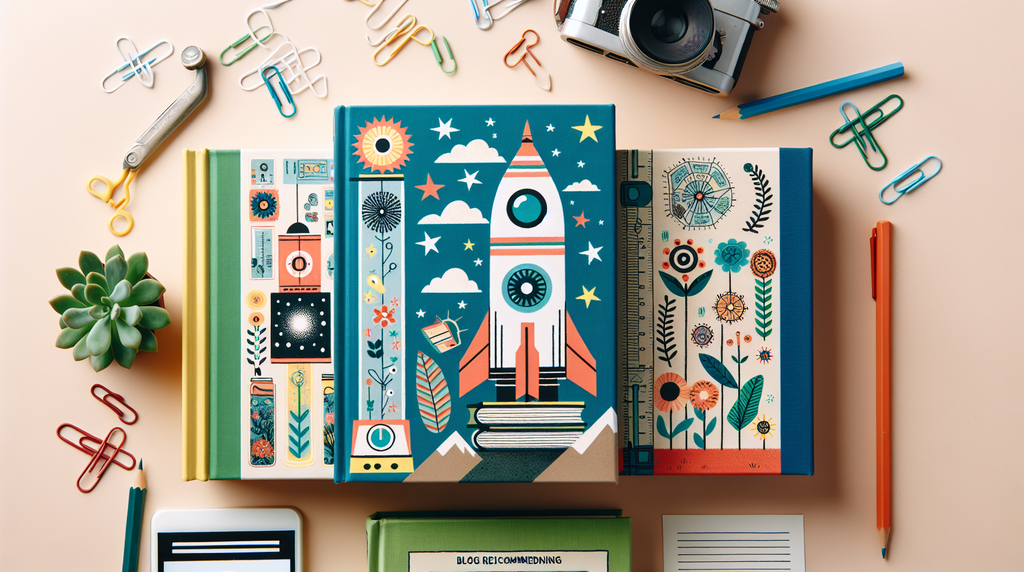 Colorful desk setup with rocket-themed notebooks, art supplies, and a camera arranged around a succulent plant.