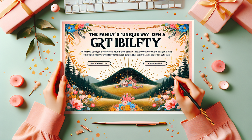 Pastel flat lay: gifts, candles, and a hand sketching a vibrant poster of a hill and flowers.