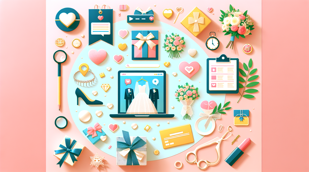 Colorful wedding planning collage: dress on laptop screen, gifts, bouquet, ribbons, jewelry, and shopping icons surrounding a circular blue area on pink background.