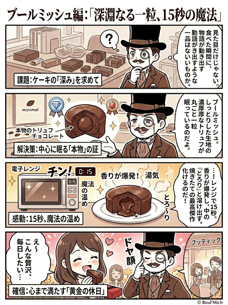 ブールミッシュのトリュフケーキ。レンジで温めて中のチョコがとろけ出す様子を描いた4コマ漫画