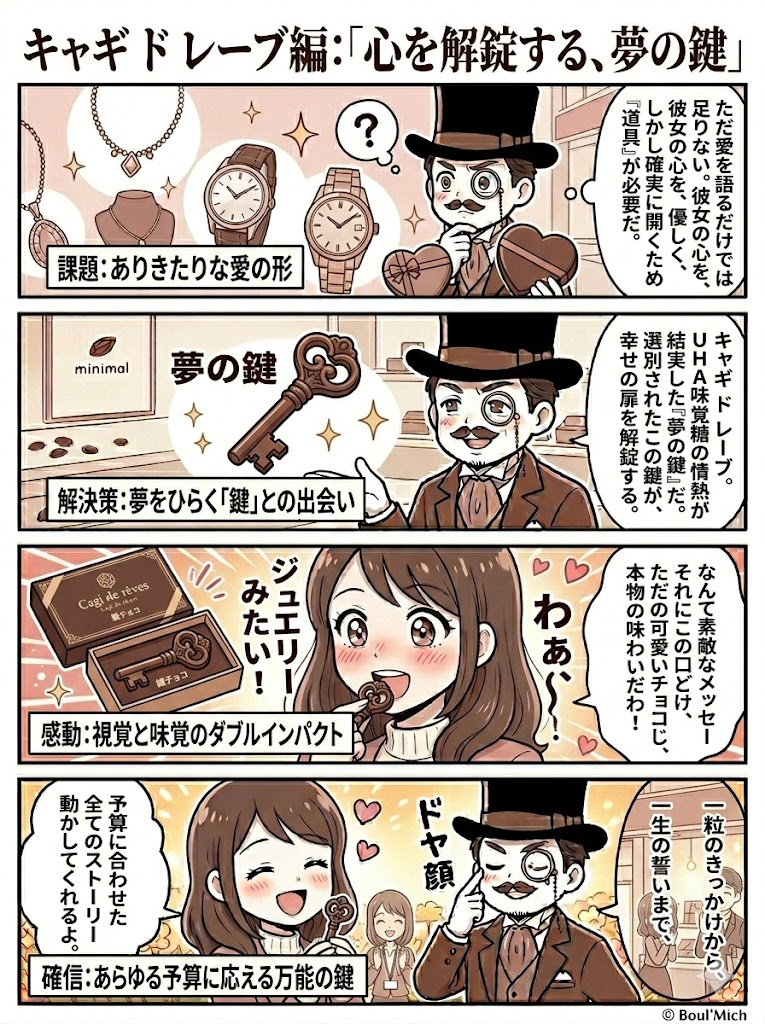キャギ ド レーブの鍵型チョコレート。デザインの美しさと本格的な味わいを描いた4コマ漫画