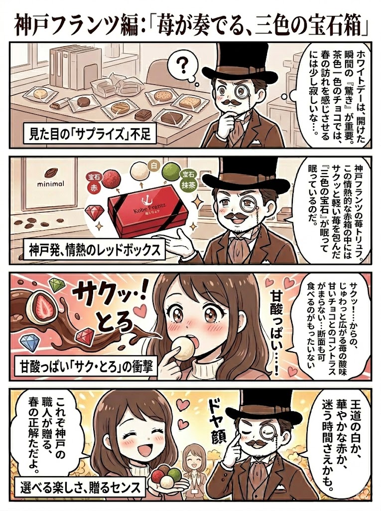 神戸フランツの苺トリュフ比較。赤・白・抹茶の魅力と食感を描いた4コマ漫画
