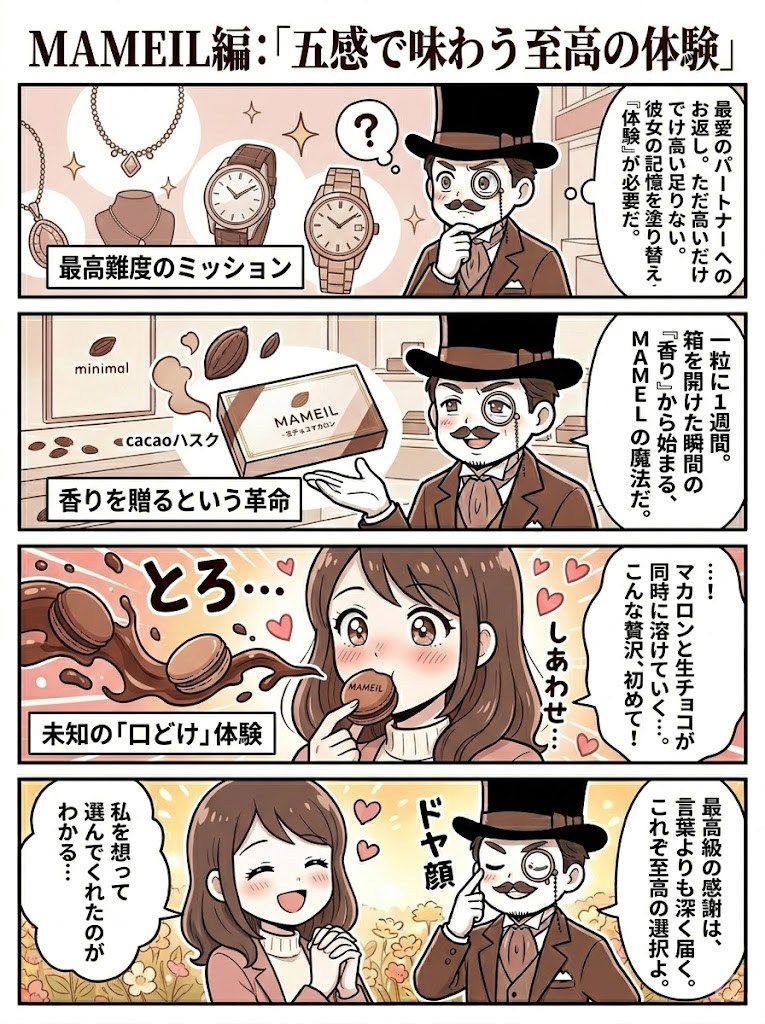 MAMEIL（マメイル）生チョコマカロンの香りと口どけを描いた4コマ漫画。本命のホワイトデーお返しに最適な理由を解説