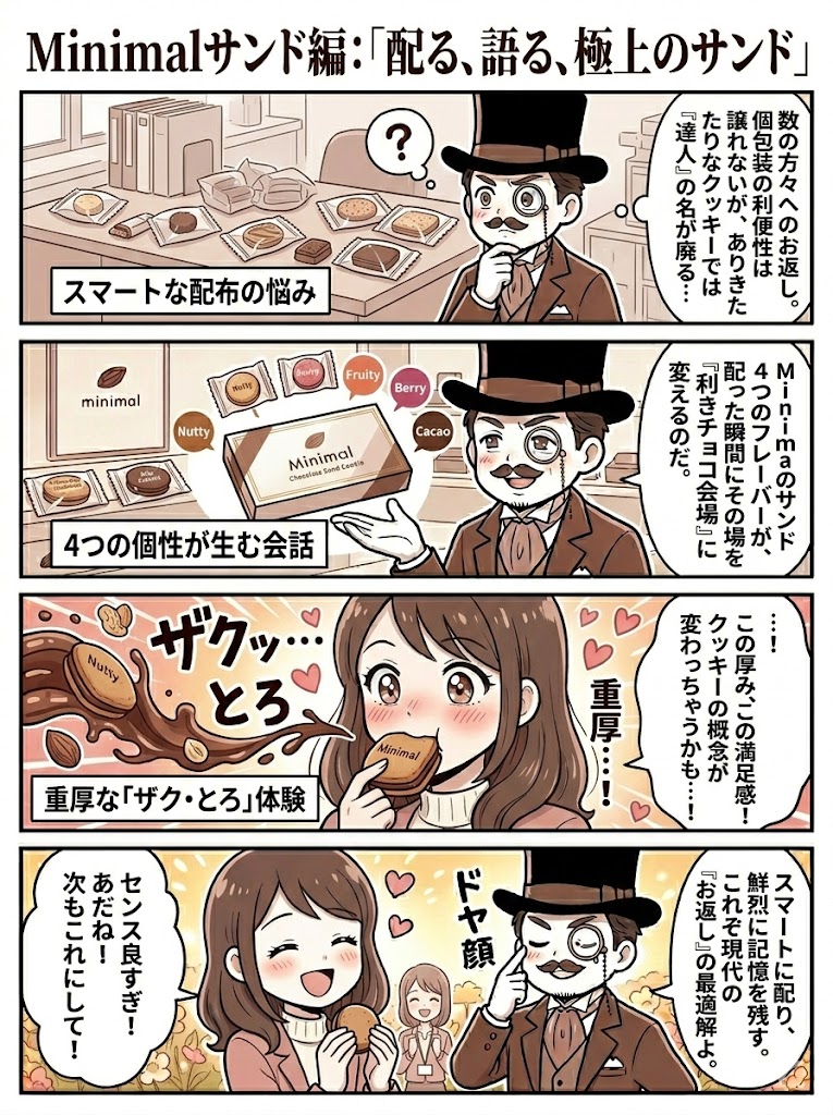 Minimal（ミニマル）チョコレートサンドクッキーの4種食べ比べと職場での評判を描いた4コマ漫画