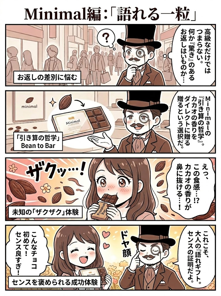 Minimal（ミニマル）のチョコレート。ザクザクした食感と香りの良さを描いた4コマ漫画