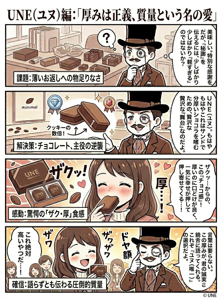 UNE（ユヌ）のカカオサンド。圧倒的なチョコの厚みと贅沢な食感を描いた4コマ漫画