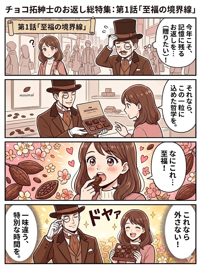 ホワイトデーお返し選びの悩みをブランドチョコで解決するチョコ拓紳士の4コマ漫画