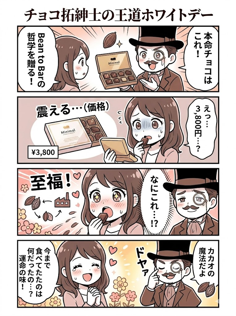 チョコ拓紳士の4コマ漫画：コンビニチョコとブランドチョコの葛藤